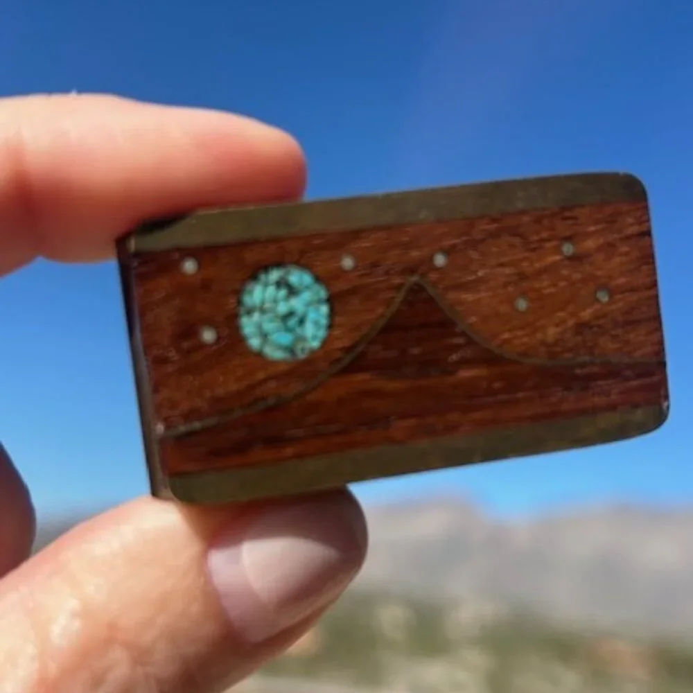 KENNETH REED Wood Brass Turquoise Inlay MONEY CLIP